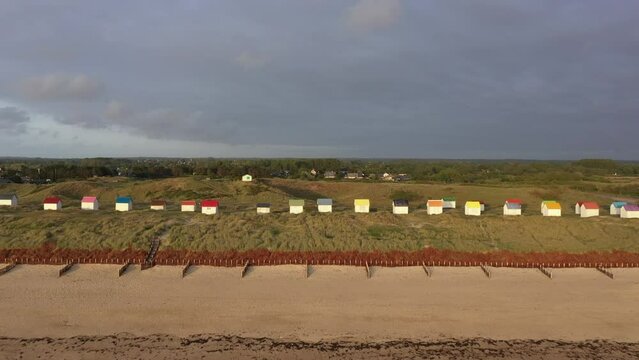 Aerial view, beach cabin's of Gouville sur Mer in France