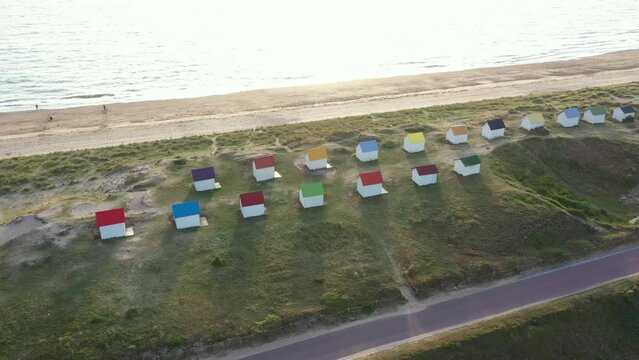 Aerial view, beach cabin's of Gouville sur Mer in France
