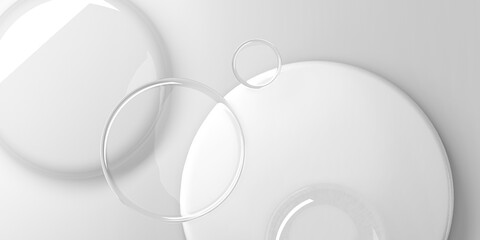 3d render, abstract geometric shapes, glass round pieces on white background. Modern design element for banner background, wallpaper.