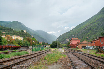 Obraz na płótnie Canvas Breil-sur-Roya - railway station and mountains surround in Provence-Alpes, department of France