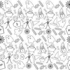 Seamless sketch pattern Halloween black and white. Vector illustration