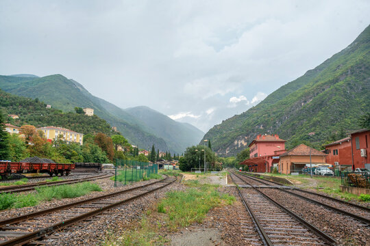 Breil-sur-Roya - railway station and mountains surround in Provence-Alpes, department of France