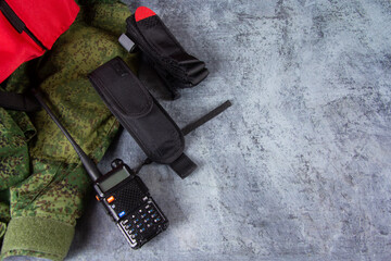 Search and rescue equipment. Walkie-talkie, flashlight