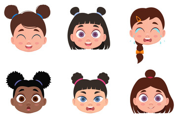 Set of faces, child emotions, shock, angry, cheerful, smiling, crying. Vector illustration