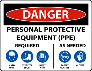 Danger PPE Required As Needed Sign On White Background