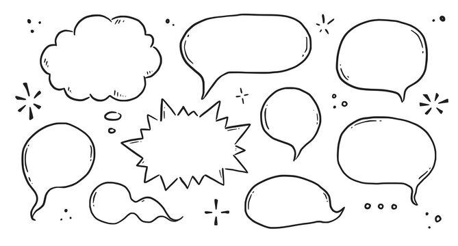 Hand drawn speech bubble set. Sketch comic doodle style speech bubble for text quote. Doodle outline dialog balloon. Vector illustration.