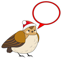 Cute Christmas bird in red Christmas hat with speech bubble, isolated on white background, vector sign.