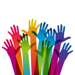 Hands with hearts on a light background. Colorful silhouettes arms. Vector team, help, friendship symbol illustration.