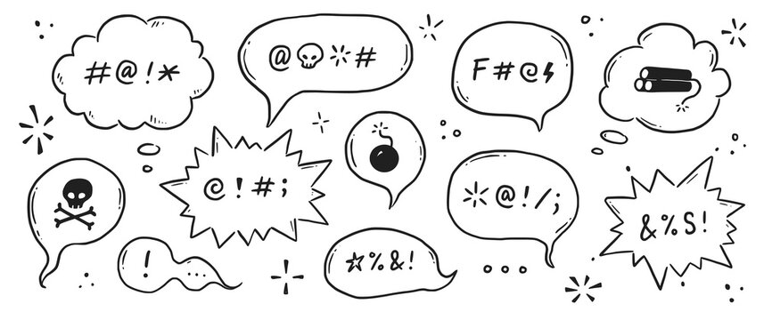 Swear word speech bubble set. Curse, rude, swear word for angry, bad, negative expression. Hand drawn doodle sketch style. Vector illustration