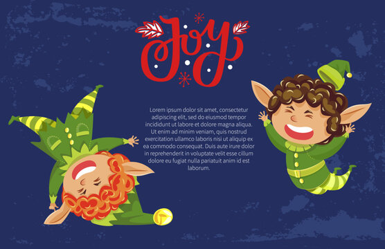 Joy postcard with funny elves characters jumping and tumbling. Winter holiday card with smiling gnome and text template on blue background with pattern. Christmas heroes and wishes on New Year vector