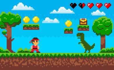 Duel of ninja and dragon characters on ground, green trees and grass, steps with coins and box, heart icon, screen of pixel game, adventure and war vector
