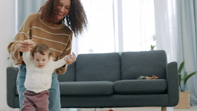 Baby, Walking And Mom Help, Support And Teaching Life Skill To Kid On Home Living Room Floor. Mothers Love, Trust And Family Woman With Girl Learning How To Walk During Child Development Or Growth