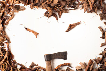 hojas caducas que caen, formando marco en forma de calabaza o castaña, dentro herramientas, armas de halloween, películas de miedo
