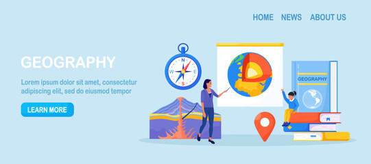 Geography school subject. Pupil studying geology in classroom. Teacher pointing at chalkboard, teaching kids. Student learn earth mantle. Biosphere, geosphere, lithosphere, asthenosphere. Earth inside