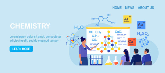 Naklejka premium Chemistry school lesson. Students learning chemical formula, element structure. Scientific experiment in laboratory with chemistry flasks, reagents, science equipment. Lab scientific researches