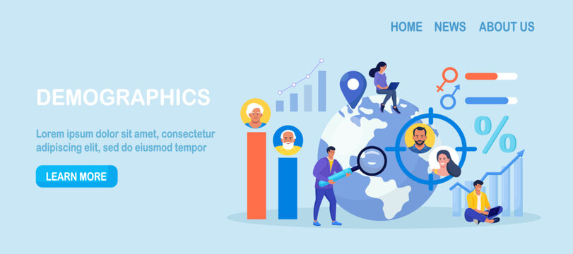 Overpopulation, human crowd density growth on earth. Demographic statistics data for elderly people. Sociology. Demography, migration. Scientist studying population growth, analyze demographics data