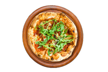 Pizza italian salami tomato sauce with rocket vegetable on wood plate isolated on white background