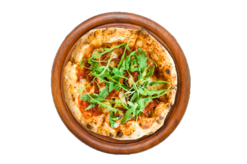 Pizza italian salami tomato sauce with rocket vegetable on wood plate isolated on white background