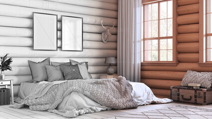 Architect interior designer concept: hand-drawn draft unfinished project that becomes real, log cabin bedroom. Bed with blanket and duvet, carpet and parquet. Farmhouse