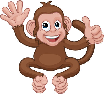 Monkey Cartoon Animal Waving and Giving Thumbs Up