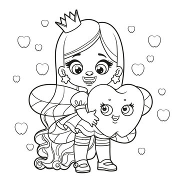 Cute cartoon long haired girl tooth fairy with big tooth outlined for coloring page on white background