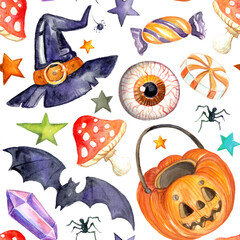 Watercolor halloween seamless pattern with pumpkin, hat and bats
