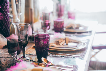 glass dishware on dining table. party banquet