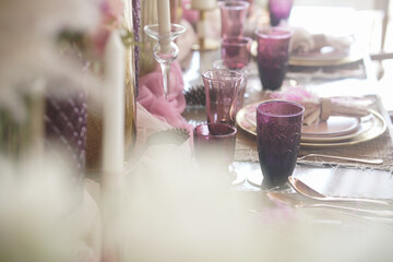 glass dishware on dining table. party banquet