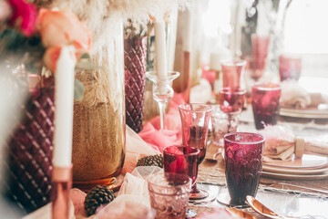 glass dishware on dining table. party banquet