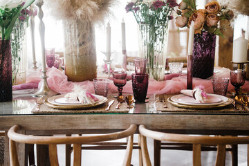 glass dishware on dining table. party banquet
