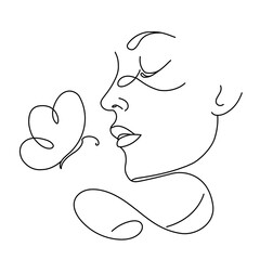 Line Art female face with butterfly. Abstract modern minimalist art. Beauty, Organic Cosmetics concept. Drawing of woman head.