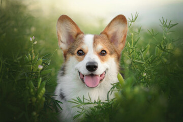 corgi puppy dog in green nature blossom field - obrazy, fototapety, plakaty