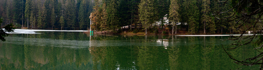 Obraz premium Panorama of Lake Synevyr, a picturesque mountain lake, a lake in the mountains.