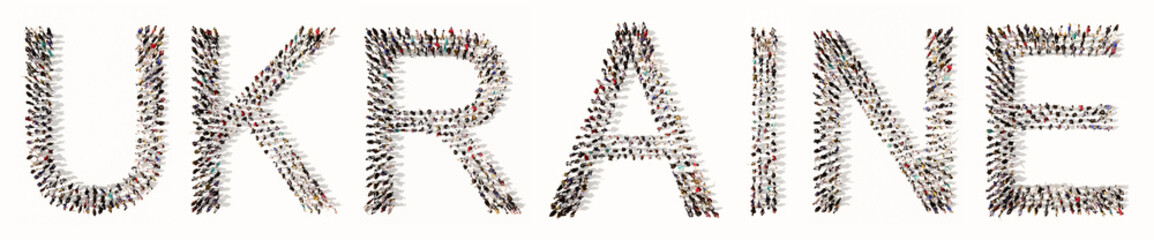 Concept or conceptual large community of people forming UKRAINE word. 3d illustration metaphor for patriotism, love, country, culture, history, people, determination, motivation, courage and strength