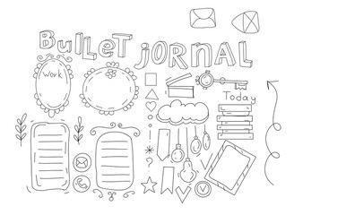 Doodles bulet journal hand drawn sketch isolated elements on white background line notes arrows to do list