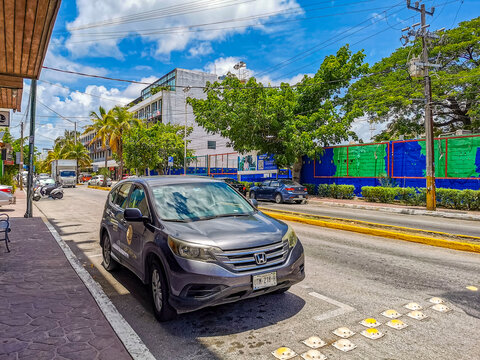 Typical street road and cityscape of Playa del Carmen Mexico.