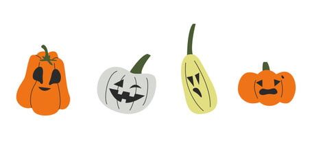 Collection of colorful four hand drawn pumpkins with cut out faces. Halloween time. Vector stock illustration isolated on white background.