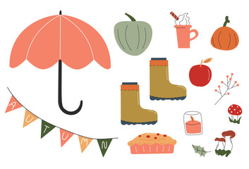 A collection of hand-drawn autumn elements. Umbrella, latte, pumpkin, leaves, apple, pie, candle, mushrooms. Vector stock illustration isolated on white background