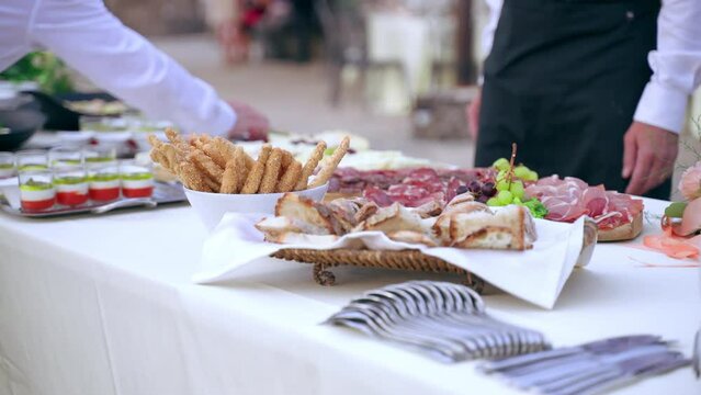 Camera moving along the luxury banquet table, trays with stuffed canapes, snacks and appetizers, bowls with bread sticks, wooden boards with prosciutto and salami slices. Catering food service outdoor