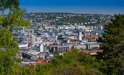 Fototapeta premium View of downtown Stuttgart from the tea house in Weißenbergpark with a view of the collegiate church. Baden-Württemberg, Germany, Europe