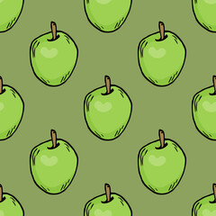 Seamless pattern with excellent apples on green background. Vector image.