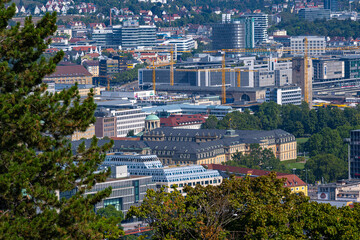 View of downtown Stuttgart (Train station, new castle) from the tea house in Weißenbergpark. Baden-Württemberg, Germany, Europe