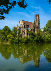 Obraz premium Johanneskirche (St John‘s Church) on the Feuersee (Fire Lake) in Stuttgart. The church was built in 1864-1876. Baden-Wuerttemberg, Germany, Europe