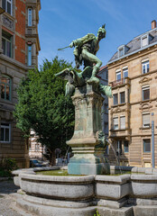 Fototapeta na wymiar The Gänsepeterbrunnen is a fountain in Stuttgart-West. With the figure of the shepherd. Baden-Wuerttemberg, Germany, Europe