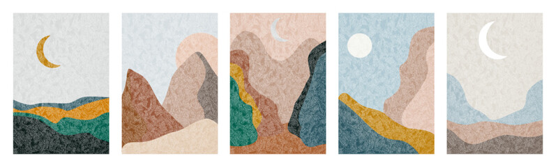 Vector flat set. The picture shows a view of the mountains, the river, the hills, the sun, the moon. Abstract design concept. A set of five posters. Perfect as pictures, screensavers and covers.
