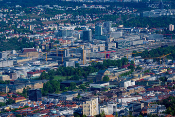 View of downtown Stuttgart (Train station, new castle)  from the TV Tower platform. Baden-Württemberg, Germany, Europe