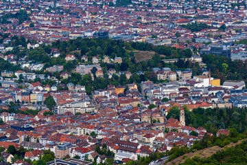 Fototapeta na wymiar View of downtown Stuttgart (View over Heslach to Karlshöhe, behind it Stuttgart-West) from the TV Tower platform. Baden-Württemberg, Germany, Europe