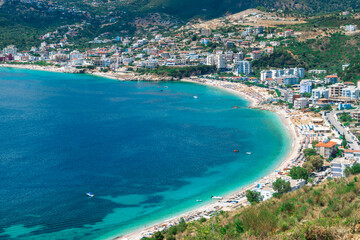 Panoramic view from the top on the resort Himare town. Ionian sea. Albania.