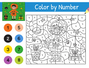 Halloween kid in pumpkin costume color by number game for kids. Coloring page with cute Halloween character. Printable worksheet with solution for school and preschool. Vector illustration