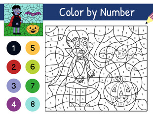 Cute vampire, pumpkin and bat color by number game for kids. Coloring page with cute Halloween characters. Printable worksheet with solution for school and preschool. Vector illustration